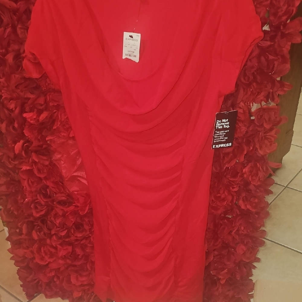 Express NWT Vibrant Red Sheer Cowl Neck Dress Size Medium